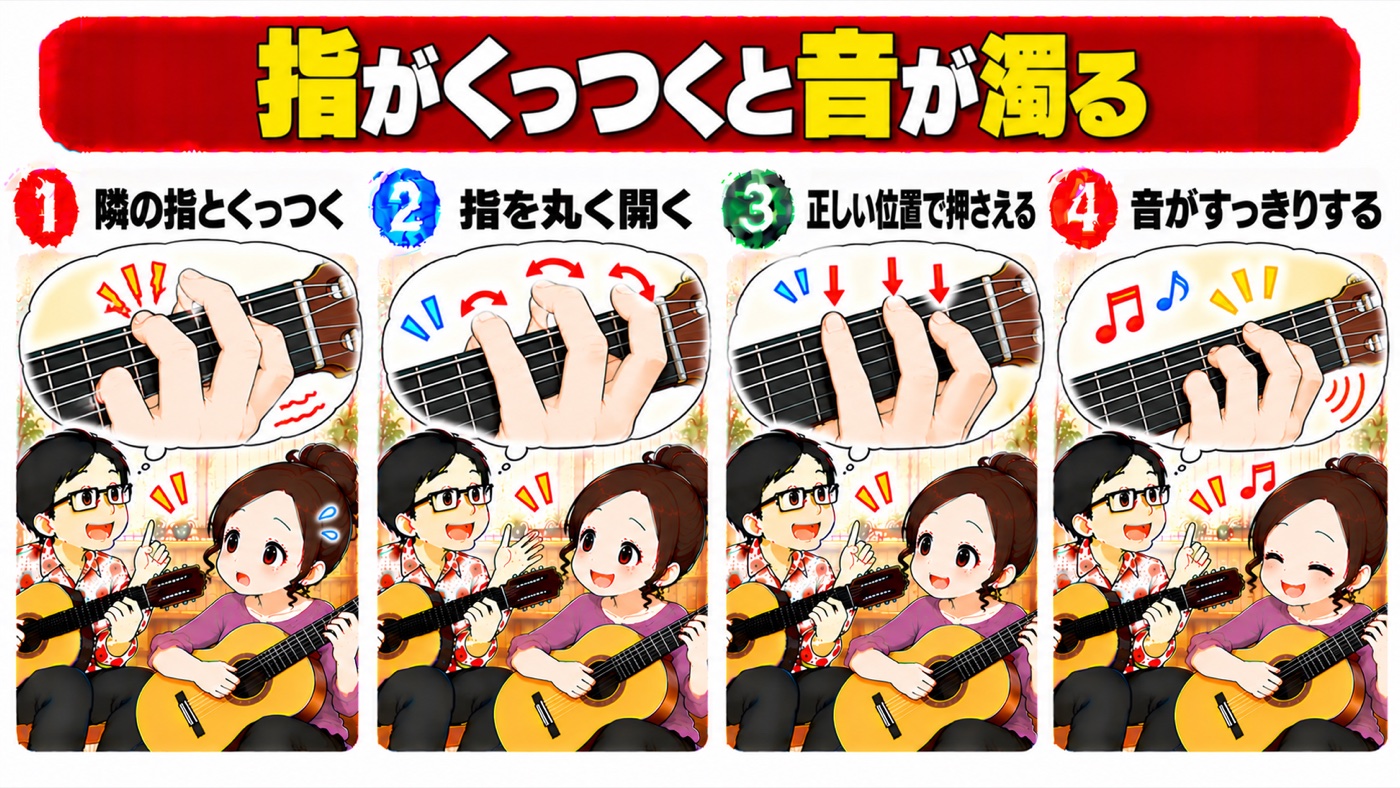 図解：指がくっつくと音が濁る