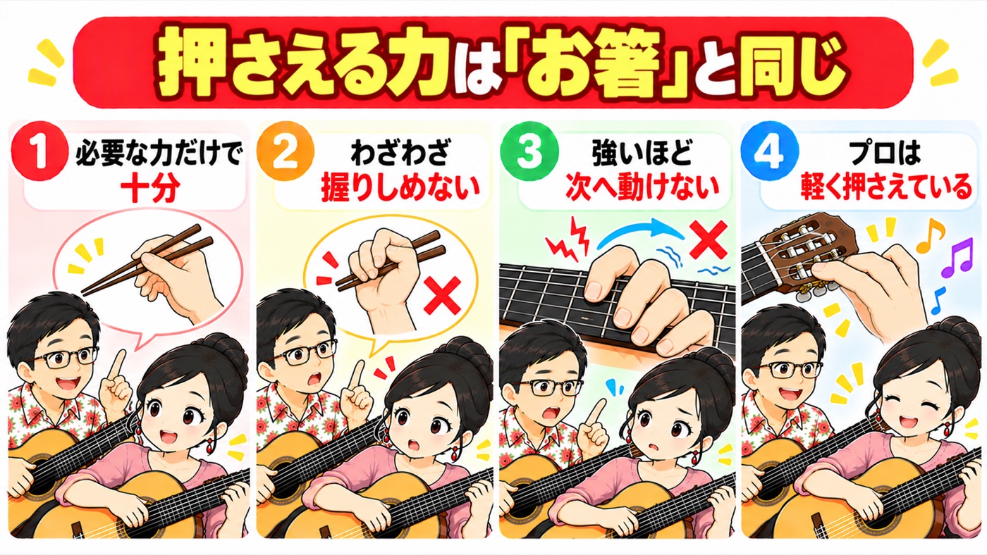 図解：押さえる力は「お箸」と同じ