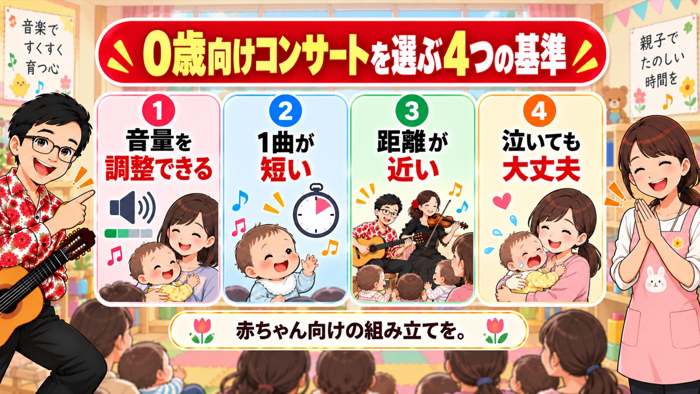 図解：0歳向けコンサートを選ぶ、4つの基準