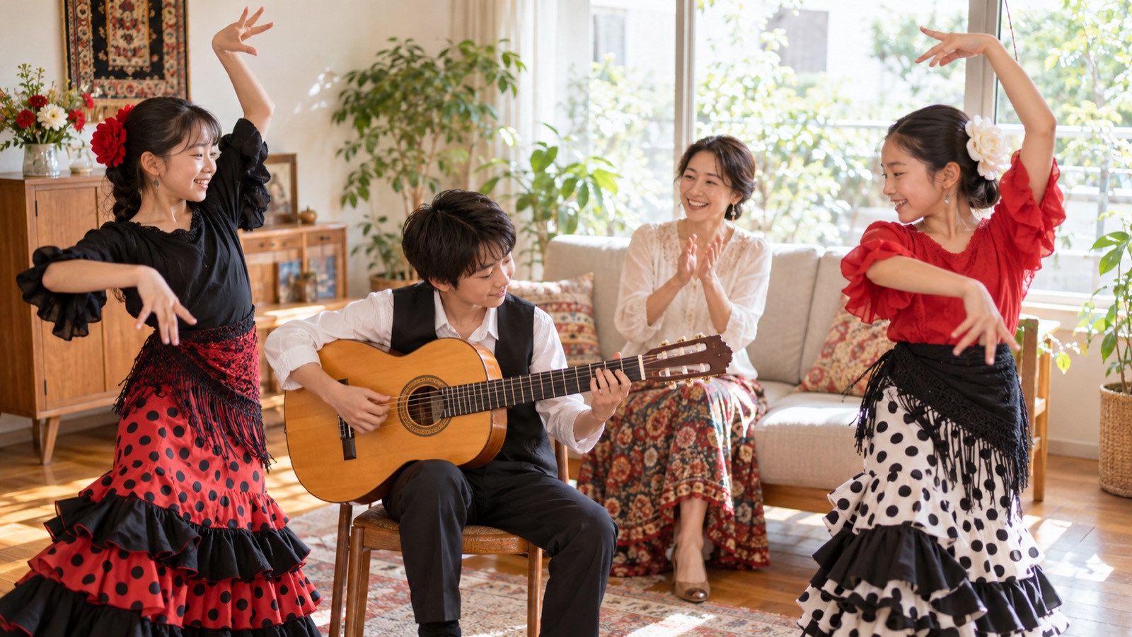 家族でギター・踊り・歌をそろえて練習する様子
