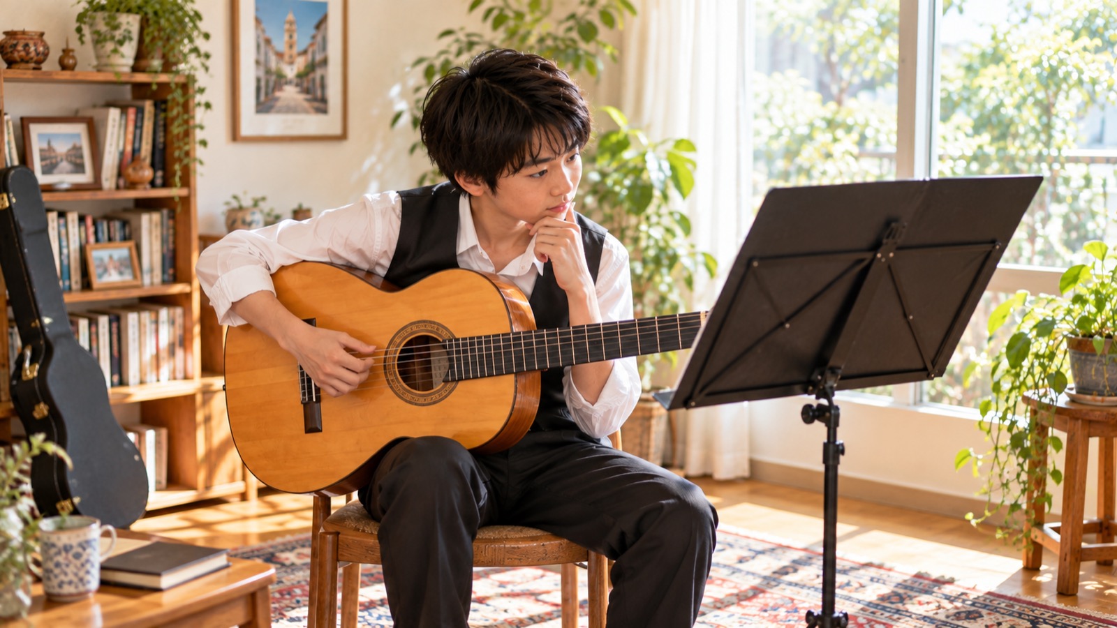 楽譜を見ながらファルセータに向き合うギター担当の子