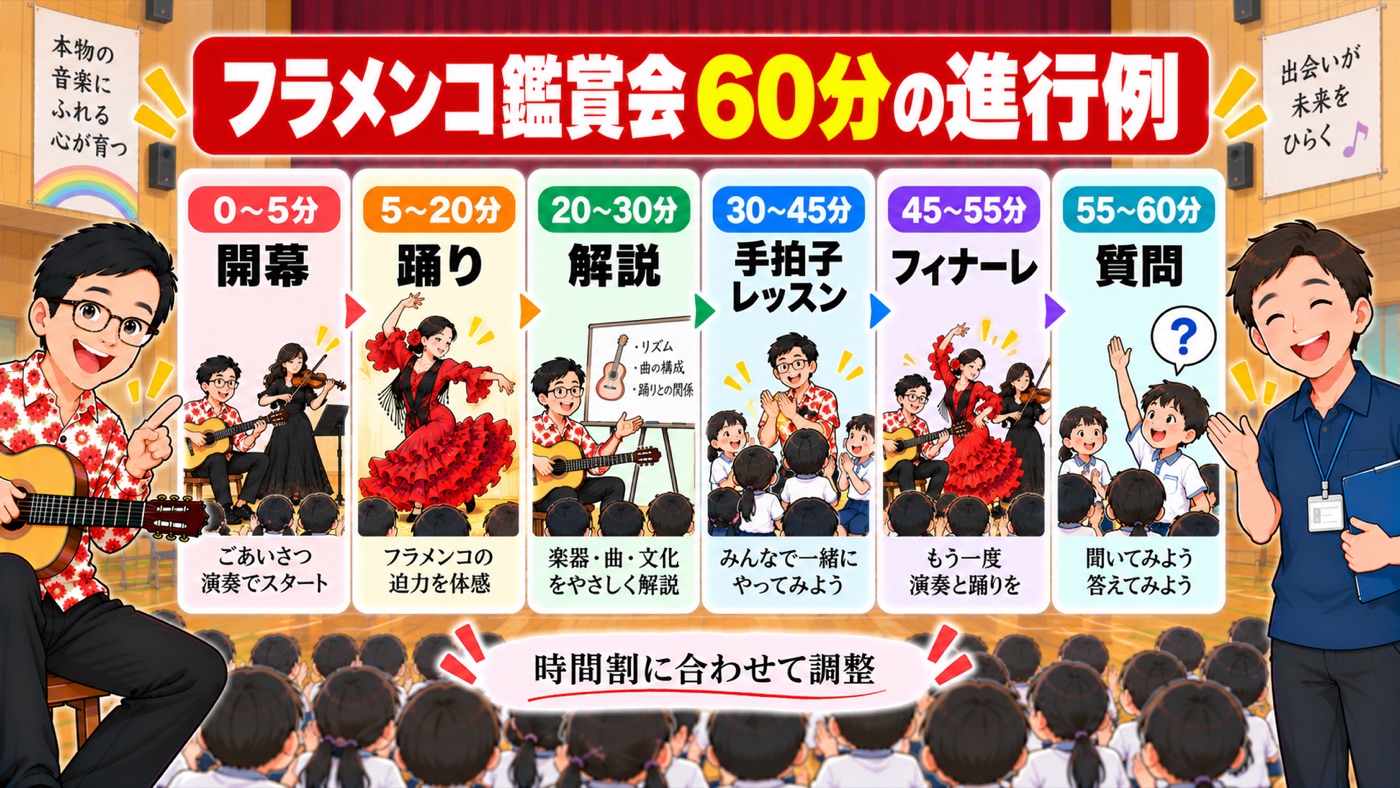 図解：フラメンコ鑑賞会60分の進行例