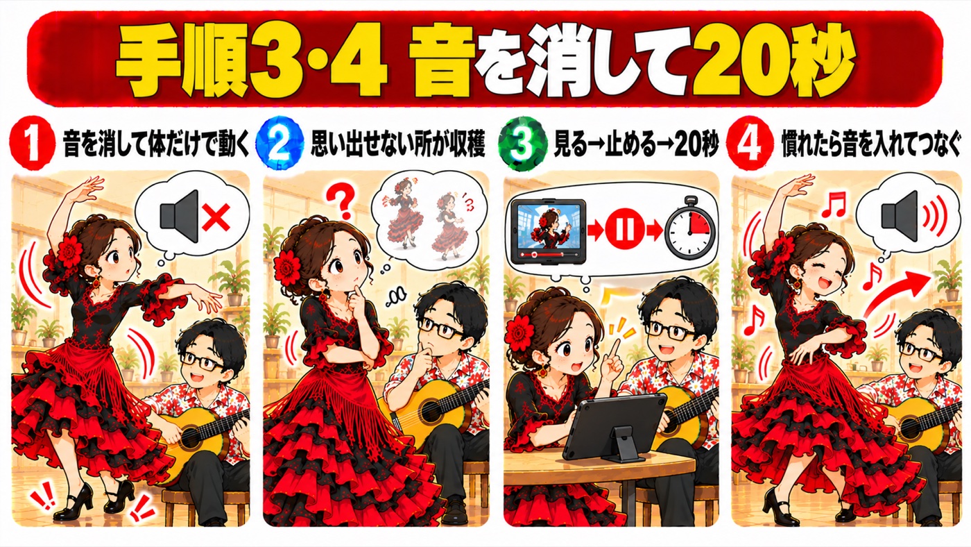 図解：手順3・4　音を消して20秒