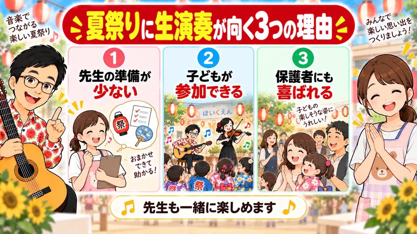 図解:夏祭りに、生演奏が向く3つの理由