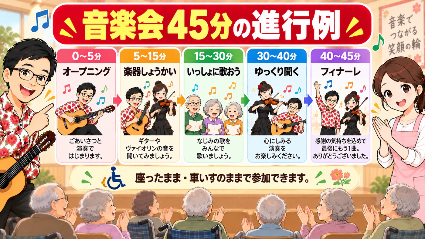 図解：音楽会45分の進行例と、安全面の配慮