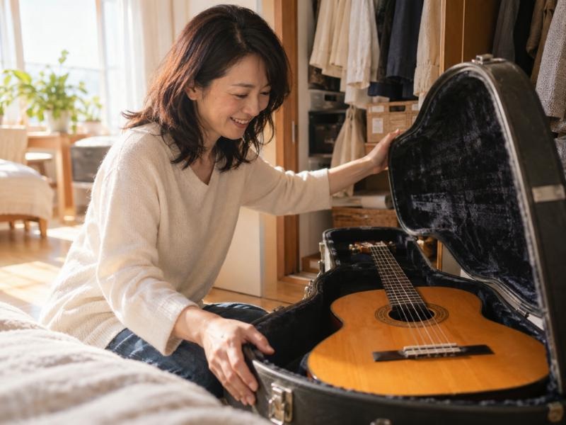 家で眠っていたギターをケースから出して笑顔になる女性