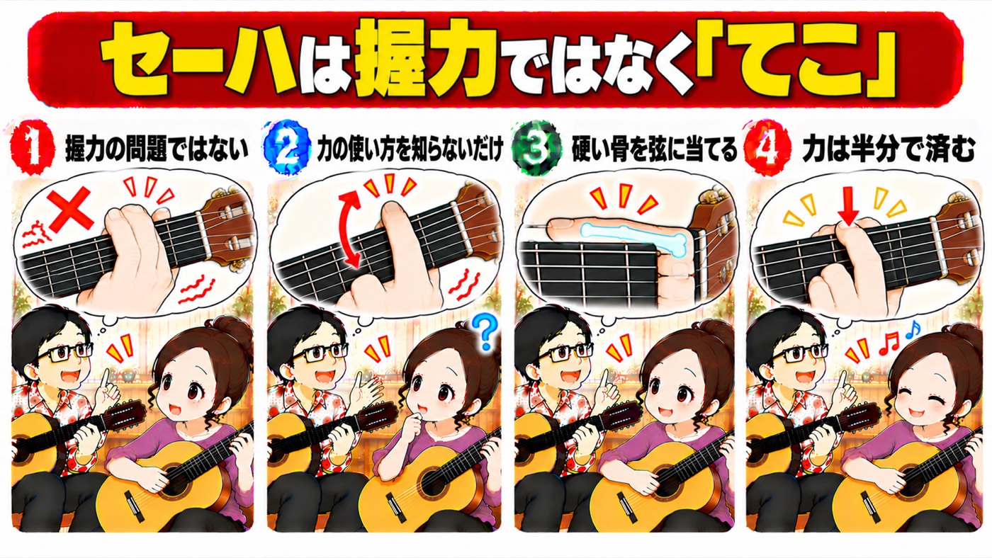 図解：セーハは握力ではなく「てこ」