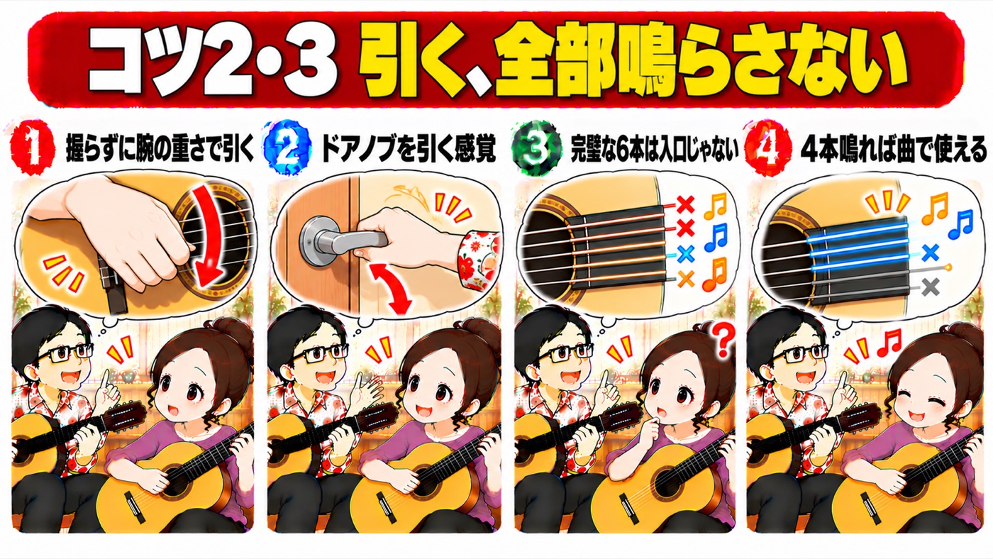 図解：コツ2・3　引く、全部鳴らさない