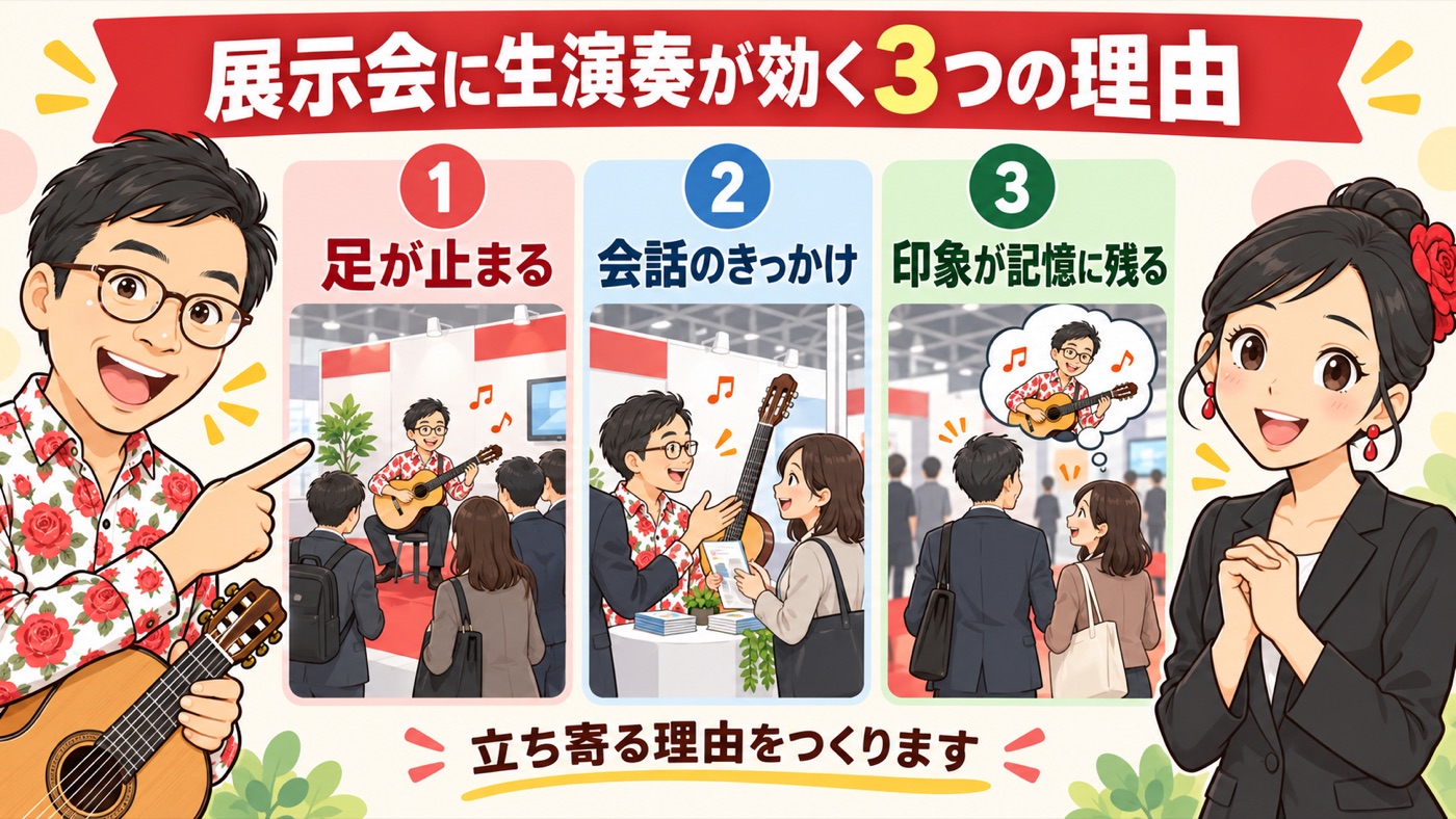 図解:展示会・レセプションに、生演奏が効く3つの理由