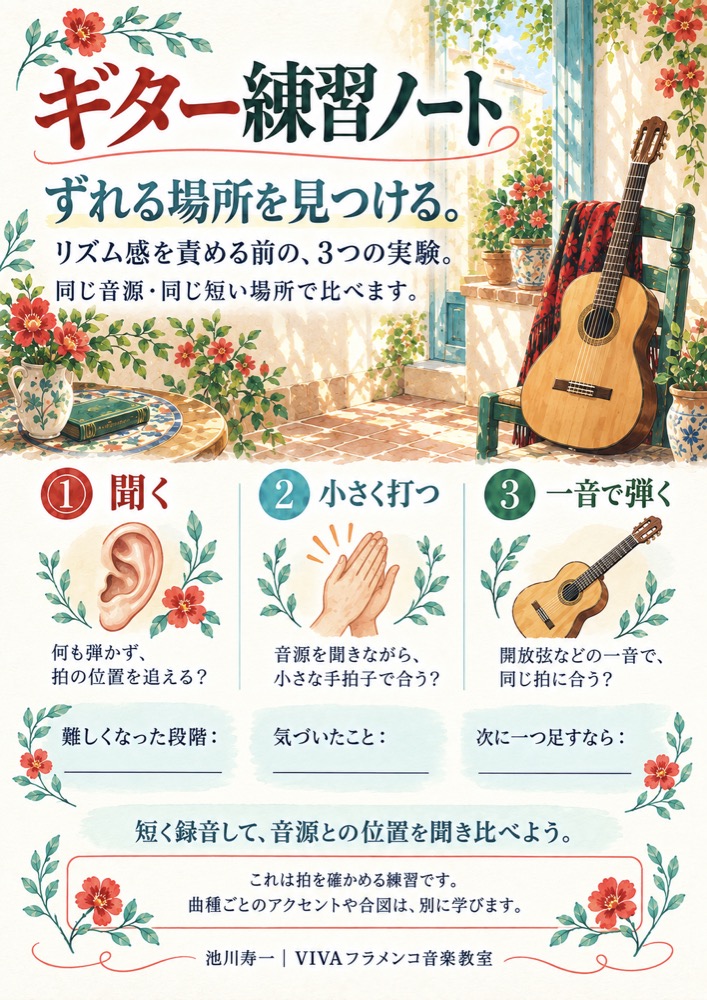 ギター練習ノート「ずれる場所を見つける。」PDFの1ページ目