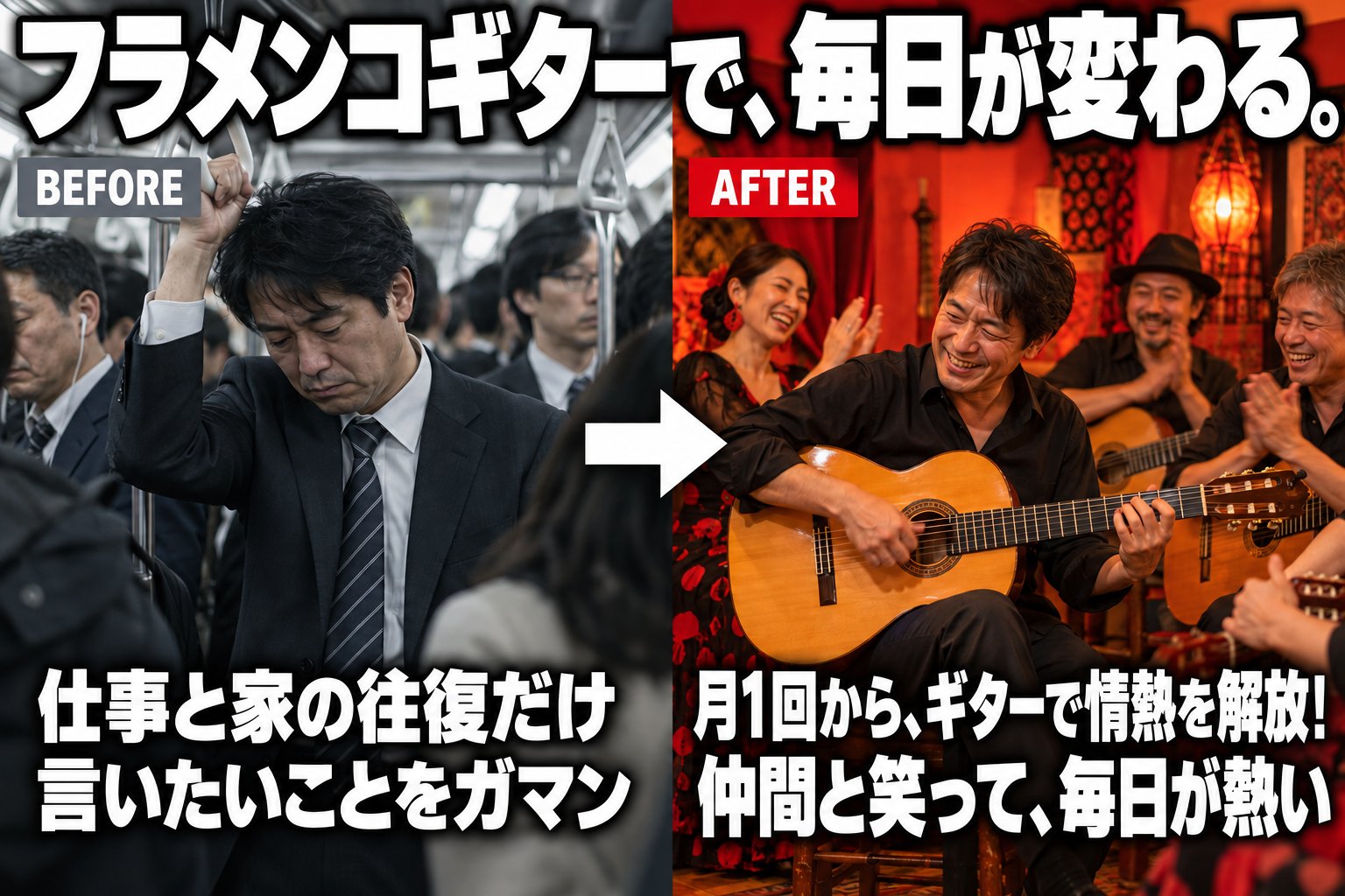 フラメンコギターで、毎日が変わる。BEFORE 仕事と家の往復だけ AFTER 月1回から、ギターで情熱を解放